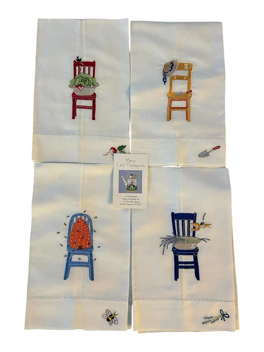 NEW Mary Lake Thompson Tea Towels Lot of 4 14"x22" Embroidered Chairs Outdoors